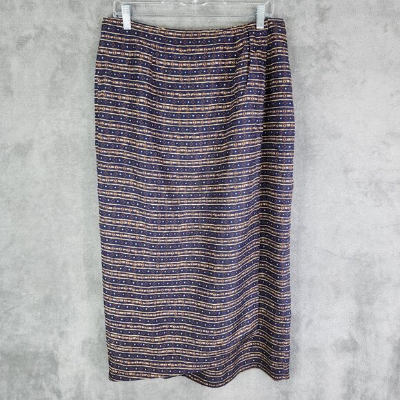 Womens Chaus Vintage Maxi 100% Silk Skirt Brown & Blue Geometric Print Size 14 - Picture 2 of 9